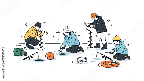 Ice Fishing Preparation. Group ice fishing on holiday setup. People drilling holes in the ice and arranging simple fishing gear nearby. Preparation, focus and