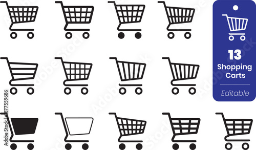 Shopping Cart Icon Set with 13 Unique Variations Minimalist E-Commerce and Retail Symbols