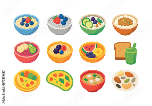 Global Breakfast Icons. Healthy global breakfasts. Colorful flat vector icons set of healthy global breakfasts: oatmeal with berries, chia pudding,