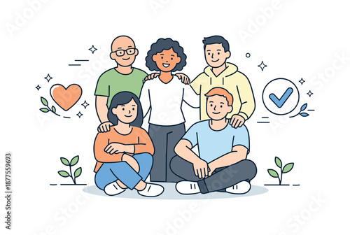 Positive Group Support. Group counseling positive progress. Group standing or sitting together with relaxed smiles, subtle heart or checkmark symbol nearby.