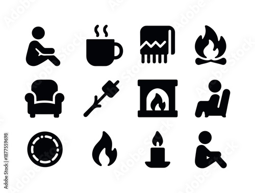 Cozy Evening Icons. Evening by the fire. Solid icon set of evening by the fire: seated person, warm mug, cozy blanket, firelight glow, soft chair, marshmallow