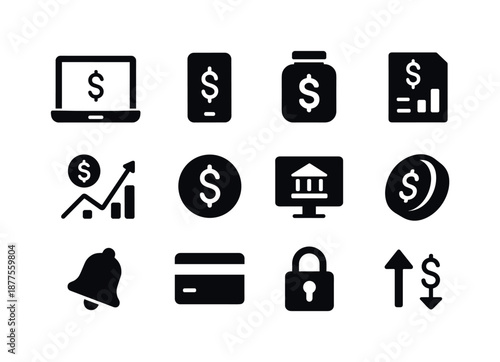 Remote Finance Icons. Remote finance tools. Solid icon set of remote finance tools: laptop screen, finance app, savings jar, income report, investment chart,