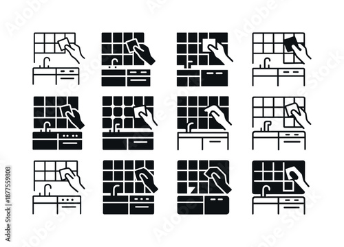 Kitchen Backsplash Icons. Installing a backsplash in the kitchen. Icon set. Set Logo of installing a backsplash in the kitchen: tile grid pattern. harmonious