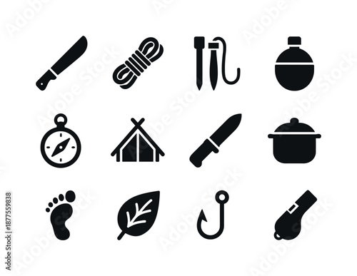 Jungle Survival Icons. Jungle survival. Solid icon set of jungle survival: machete, rope coil, fire starter, water canteen, compass, shelter frame, knife,