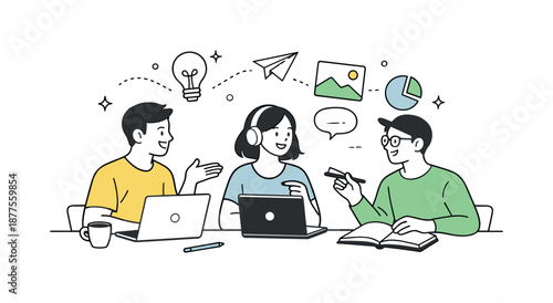 Creative Freelancer Collaboration. Creative freelance collaboration. Freelancers discussing concepts around laptops and notebooks, abstract ideas floating