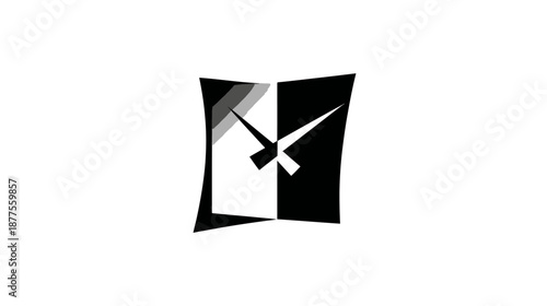 Abstract black and white symbol resembling a book or open form, with time-telling needle-like elements