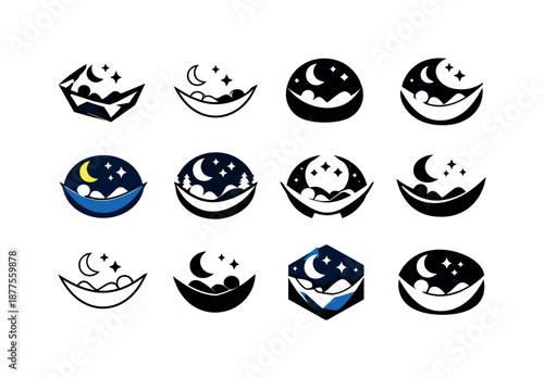 Hammock Dream Icons. A person drifting off to sleep in a hammock. Icon set. Set Logo of a person drifting off to sleep in a hammock: hammock under starry sky.