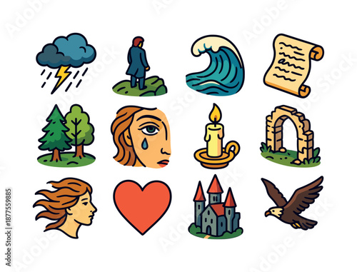 Romantic Icons Collection. Romanticism. Colorful isometric vector icons set of romanticism: stormy sky, lone figure, dramatic wave, poetic scroll, forest