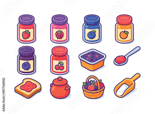 Colorful Jam Icons. jam. Colorful isometric vector icons set of jam: strawberry jam jar, raspberry jam jar, blueberry jam jar, apricot jam jar, blackberry jam