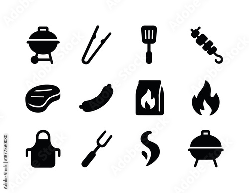 Barbecue Icon Set. Barbecue cooking. Solid icon set of Barbecue cooking: grill, tongs, spatula, skewer, steak, sausage, charcoal bag, flame, apron, fork, smoke