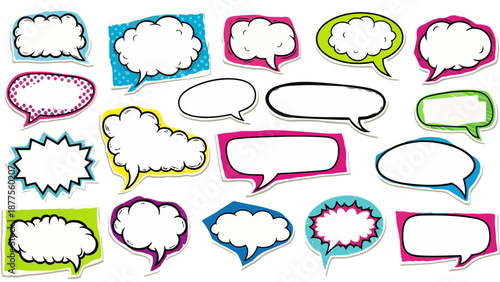 Collection of colorful speech bubbles and thought clouds in various shapes and sizes on a blank background viewed from directly above.