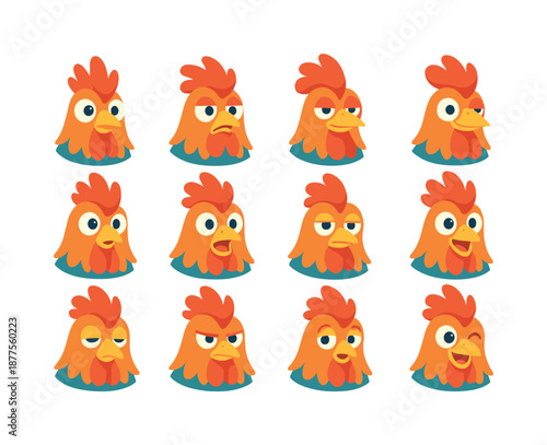 Rooster Emotion Icons. Rooster expressions. Colorful flat vector icons set of Rooster expressions: alert comb, relaxed comb, stressed comb, proud comb, curious
