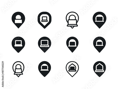 Digital Nomad Icons. Digital Nomad Communities and Remote Workspaces. Icon set. Set Logo of digital nomad communities and remote workspaces: location pin with