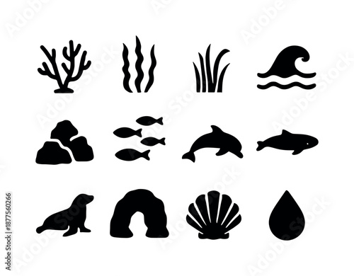 Marine Habitat Icons. Marine habitats. Solid icon set of marine habitats: coral silhouette, kelp forest, sea grass, wave icon, rock formation, fish shoal,