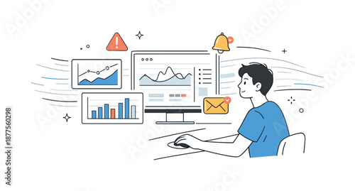Real-Time Data Monitoring. Real-time analytics and alerts. Person monitoring live data streams with charts and notification icons, attentive yet composed mood.