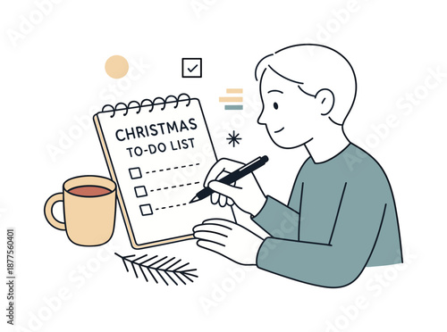 Holiday To-Do List. Christmas planning notes. Writing holiday to-do list in a notebook, coffee mug and small pine branch nearby. Quiet preparation