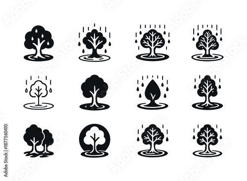 Rainforest Logo Variations. Rain showers in forests and wetland areas. Icon set. Set Logo of rain showers in forests and wetland areas: water pooling near tree