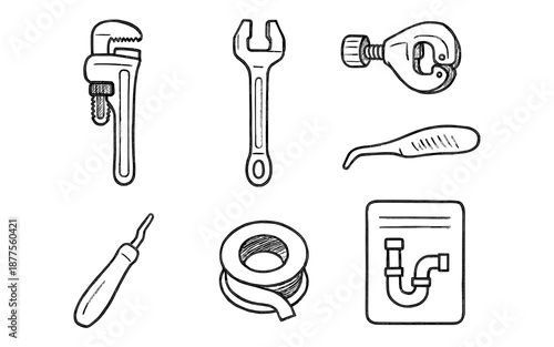 Hand drawn plumbing tools collection with wrench, tape, and schematic design elements