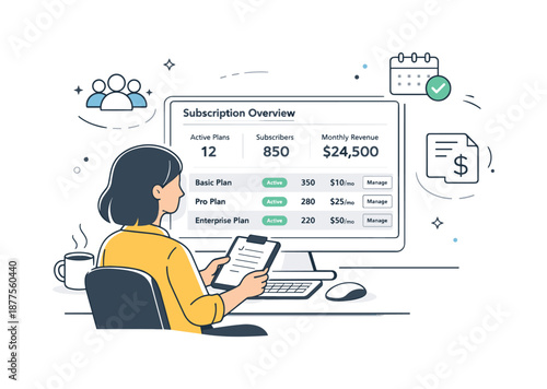 SaaS Dashboard Overview. SaaS subscription management overview. A product manager reviewing active plans on a clean dashboard. Sense of control and clarity,