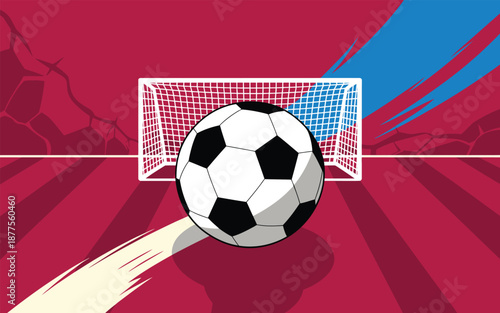 A classic soccer ball poised before the goal set against a striking red backdrop with dynamic blue accents symbolizing the thrill of the game