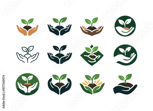 Poverty Alleviation Icons. Poverty alleviation. Icon set. Set Logo of poverty alleviation: seedling growth. harmonious logo variations of the same emblematic