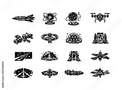 Future Space Icons. Future space travel. Solid icon set of Future space travel: advanced starship, AI navigation core, holographic map, autonomous drone,