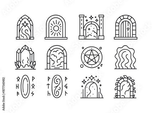 Fantasy Gateways Icons. Fantasy gateways. Line icon set of Fantasy gateways: arcane arch, mystic portal, celestial gate, enchanted door, crystal frame, foggy