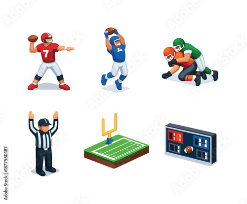 Football Icon Set. Football game. Isometric flat vector icons set of Football game: quarterback throwing pass, wide receiver catching ball, defensive player