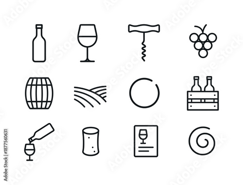 Wine Icon Collection. Wine. Line icon set of Wine: wine bottle, wine glass, corkscrew, grape cluster, wine barrel, vineyard hill, wine stain ring, wine crate,