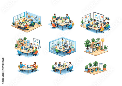 Isometric Co-Working Icons. Co-working space. Isometric flat vector icons set of Co-working space: open shared office layout, communal work desks, freelancers