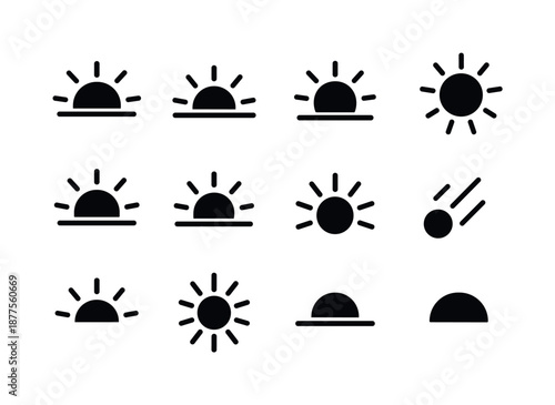 Sun Positions Icons. Sun positions. Solid icon set of Sun positions: rising sun, mid-morning sun, noon sun, descending sun, sunset sun, horizon line, angled