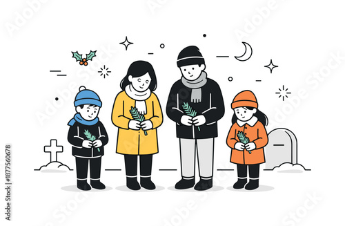Family Cemetery Reflection. Family visiting cemetery reflection. Family standing still with bowed heads, holding a small evergreen branch. Thoughtful pause and