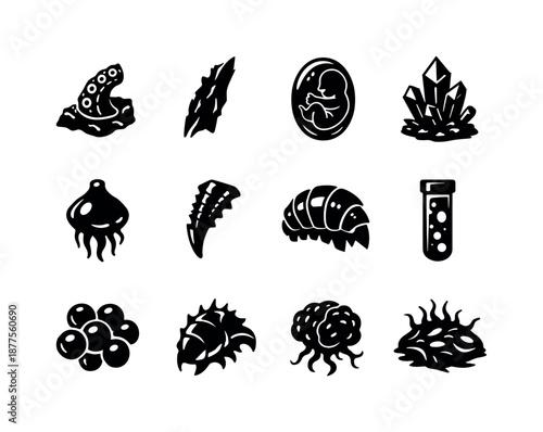 Alien Biological Icons. Ancient alien biology. Solid icon set of extraterrestrial biological remnants: fossilized tentacle, alien bone shard, preserved embryo