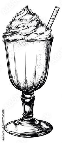 Hand drawn illustration of a dessert drink depicting whipped cream and a wafer for cafes and menus