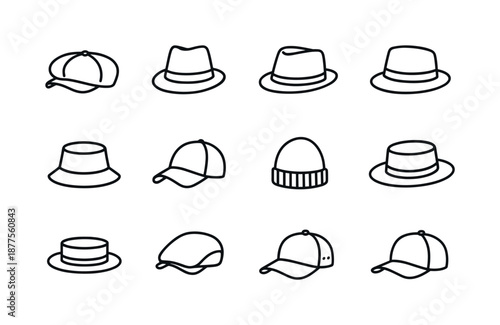 Men's Hat Icons. Men?s hats. Line icon set of Men?s hats: newsboy cap, fedora hat, flat cap, trilby hat, bucket hat, baseball cap, beanie, wide-brim hat, pork