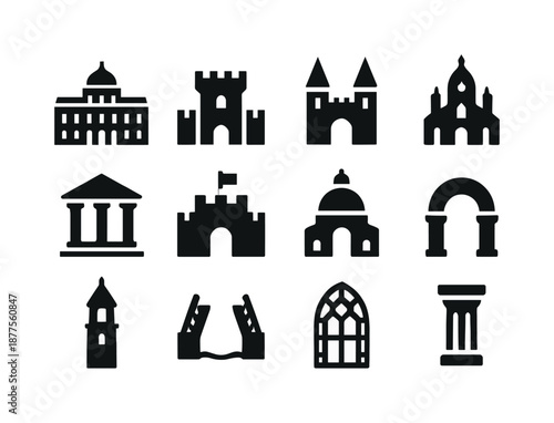 Historic Building Icons. Historic buildings. Solid icon set of historic buildings: palace, fortress, castle, cathedral, temple, citadel, dome, archway, bell