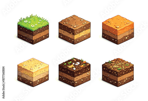 Soil Layers Icons. Soil Layers. Isometric flat vector icons set of Garden Soil: topsoil, subsoil, clay layer, sandy layer, compost layer, mulch layer. Arrange
