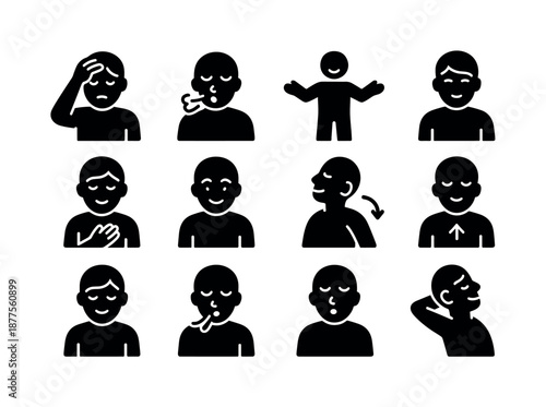 Expressions of Relief Icons. Body language of relief. Solid icon set of body language of relief: hand on forehead, breath exhale, open posture, shoulders