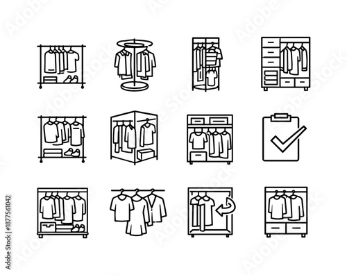 Clothing Rack Icons. Small Apartment Clothing Rack. Line icon set of Small Apartment Clothing Rack: compact rack, rotating storage, limited space solution,