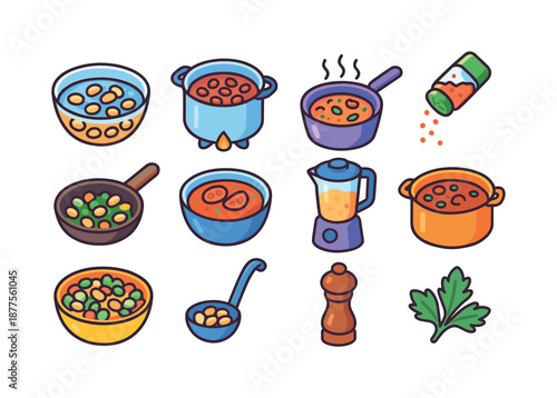 Colorful Bean Cuisine Icons. Cooking With Beans. Colorful isometric vector icons set of Cooking With Beans: soaked beans, boiling pot, simmering beans,