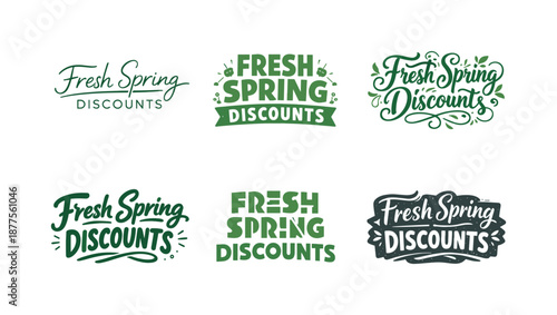 Spring Discounts Lettering Grid. Fresh Spring Discounts. Set lettering. harmonious lettering variations of the same emblematic concept, each with different