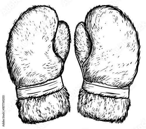 Hand drawn line art mittens set featuring a warm, furry design for winter season