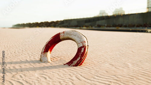 Photos A weathered life ring lies partially buried in soft sand as the sun sets, casting long shadows