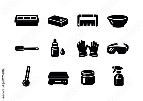 Soap Crafting Icons. Soap crafting. Solid icon set of soap crafting: soap mold, soap bar, cutter blade, mixing bowl, spatula, essential oil bottle, gloves,