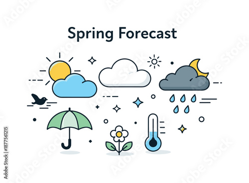 Minimalist Spring Icons. Spring forecast. Simple weather icons like sun, clouds, and rain arranged in a balanced flat composition. The scene feels informative,