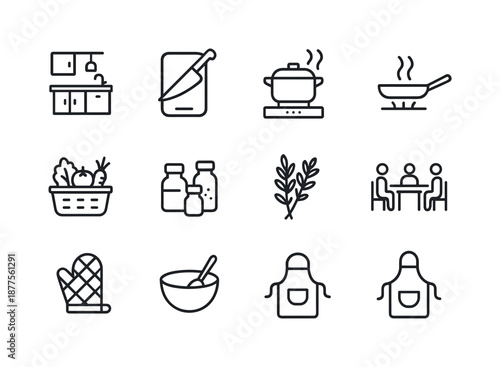 Family Cooking Icons. cooking a family meal with fresh ingredients. Line icon set of cooking a family meal with fresh ingredients: kitchen counter, cutting