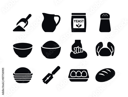 Bread Making Icons. Bread making process. Solid icon set of bread making process: flour scoop, water pitcher, yeast packet, salt shaker, mixing bowl, dough