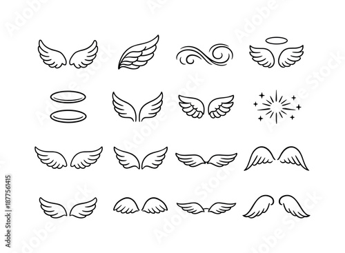 Angel Wings Icons. Angel wings. Line icon set of angel wings: curved wing pair, stylized plume, airy swirl, graceful feather, halo ring duo, wing lift mark,