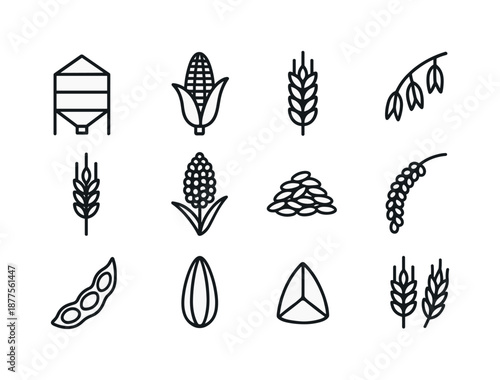 Grain Icon Grid. Grain silo. Line icon set of grain types: wheat ear, corn cob, barley spike, oat grain, rye head, sorghum cluster, rice grain pile, millet