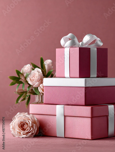 Pink boxes with white ribbons on a soft pink background, creating a romantic and festive mood for Valentine’s Day greetings, gifts, and celebration ideas, festive banner